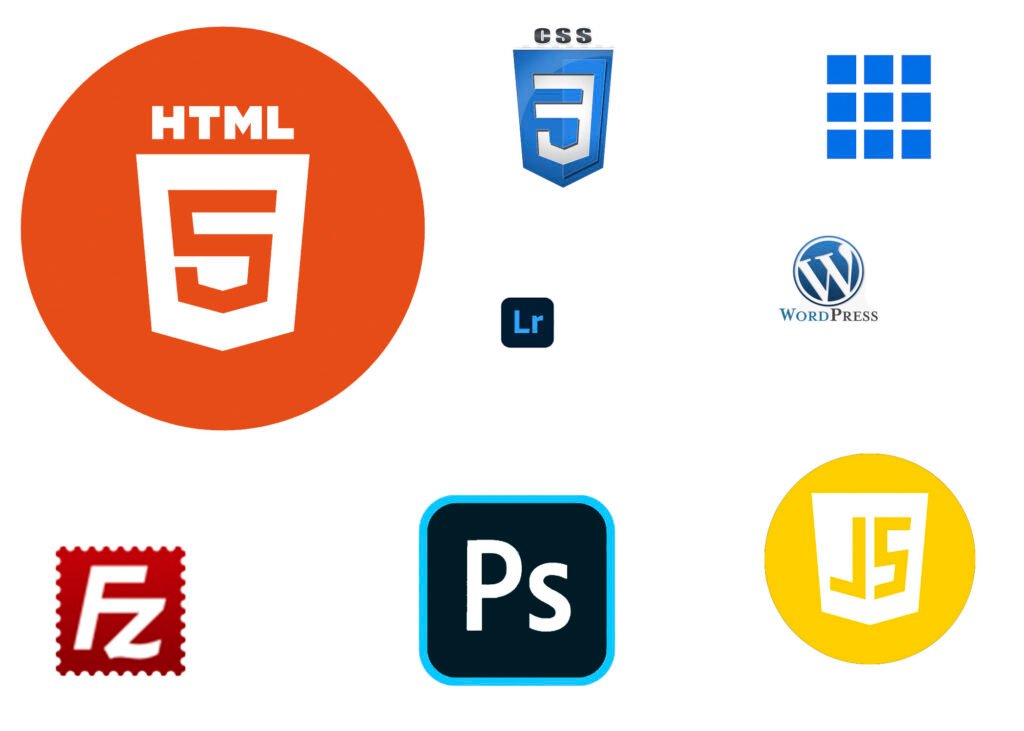 Collage of general web design structures and product logo's such as Photoshop