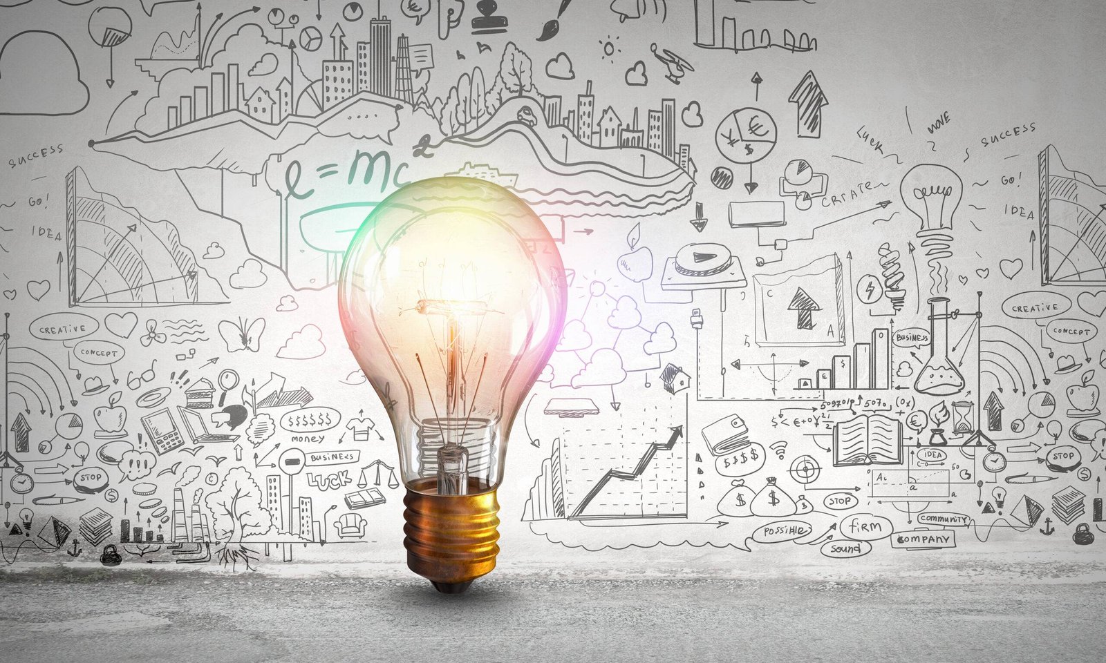 light bulb with many background sketches to indicate ideas