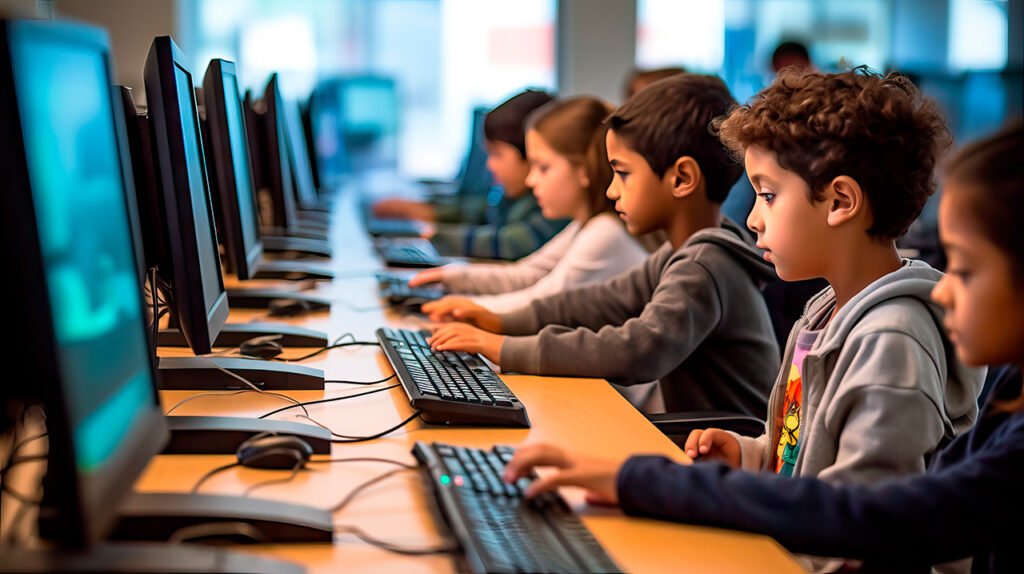 Young kids in a computer study hall environment